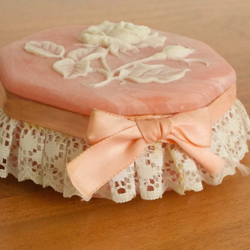 Vintage Pink Stone Trinket / Jewelry Box Rose with Ribbon Bow and Lace